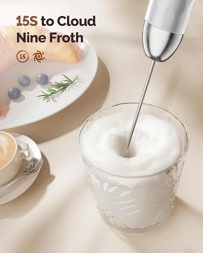 Maestri House LunaFro 2.0 Rechargeable Milk Frother, Stepless Speed Control | 1200mAh lithium battery Frother Handheld, IPX4, Stand & 2 Detachable Whisk for Lattes, Cappuccino, Matcha & Protein powder