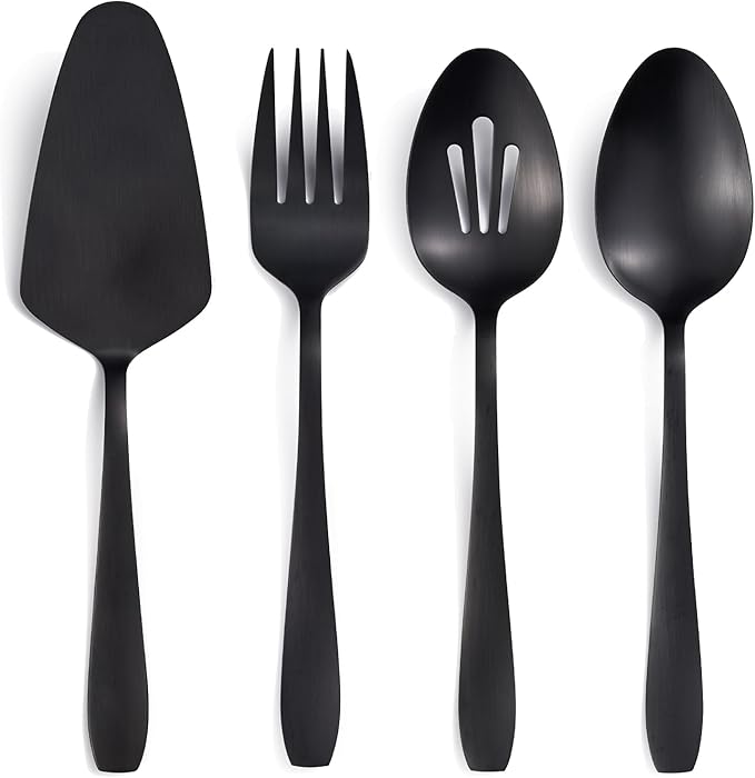 Matte Black Serving Set 4PCS Stainless Steel Hostess Utensils | Include: slotted spoon serving spoon serving fork and cake server, for buffets/gatherings/daily meals, dishwasher safe