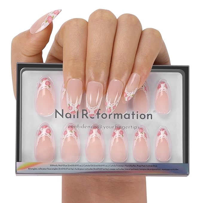 Nail Reformation Fleur de Lace Press On Nails, Medium Almond, 30 Pcs | Nude Fake Nails with Lace French Tip & Rose Floral in Glossy Finish, Gifts for Women