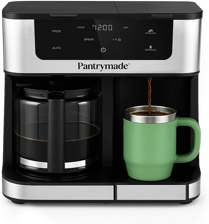 Pantrymade Dual Brew Coffee Maker, 12-Cup Drip & Single Serve K-Cup, Black | Brew a full 12-cup carafe or a single K-Cup pod with programmable touchscreen controls, auto shut-off and reusable filter.