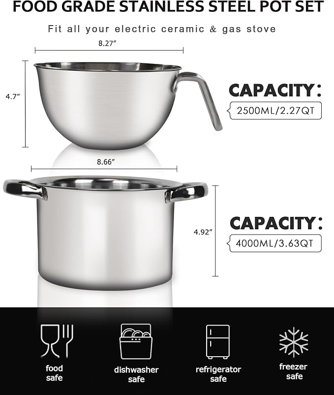 2.3QT Double Boiler Chocolate Melting Pot with 3.6QT Stainless Steel Pot | 304 food-grade steel, rust-proof. Melt chocolate, butter, candy, wax, soap. Stovetop safe, Dishwasher safe