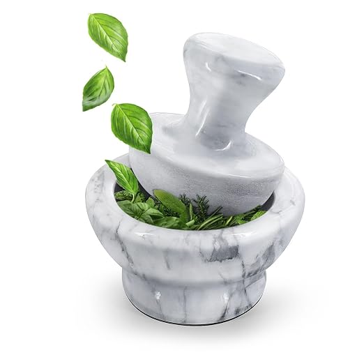 Flexzion Small Marble Mortar and Pestle Set, 4-Inch 1/2-Cup Bowl, White | Stone Spice Grinder and Pill Crusher with Mushroom Pestle and Non-Slip Pad for Herbs, Spices, Garlic, Seeds and Dry Pills