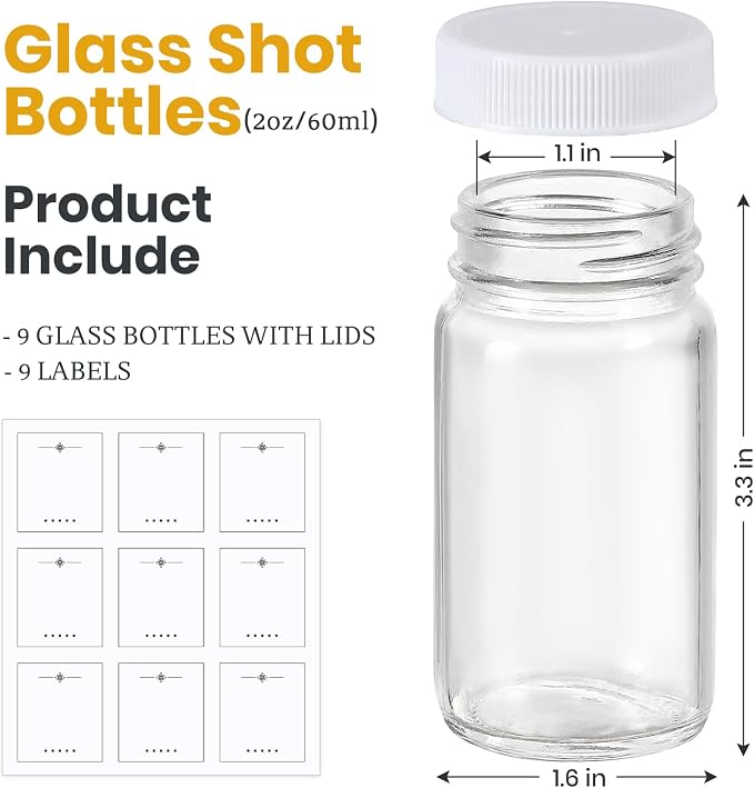 9 Pack 2 oz Glass Shot Bottles w/ White Lids & 9 Labels - Small Clear Jar for Ginger, Wellness Shot, Juice, Sample, Whiskey - Travel Essentials Mini Bottles - Wide Mouth, Leakproof, Dishwasher Safe