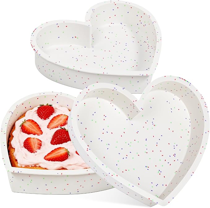 10 Inch Heart Shaped Cake Pans Silicone, Cream, Confetti | Set of 2, Large Nonstick, Food Grade Silicone Heart Molds, Easy to Clean, Oven Air Fryer Freezer Safe