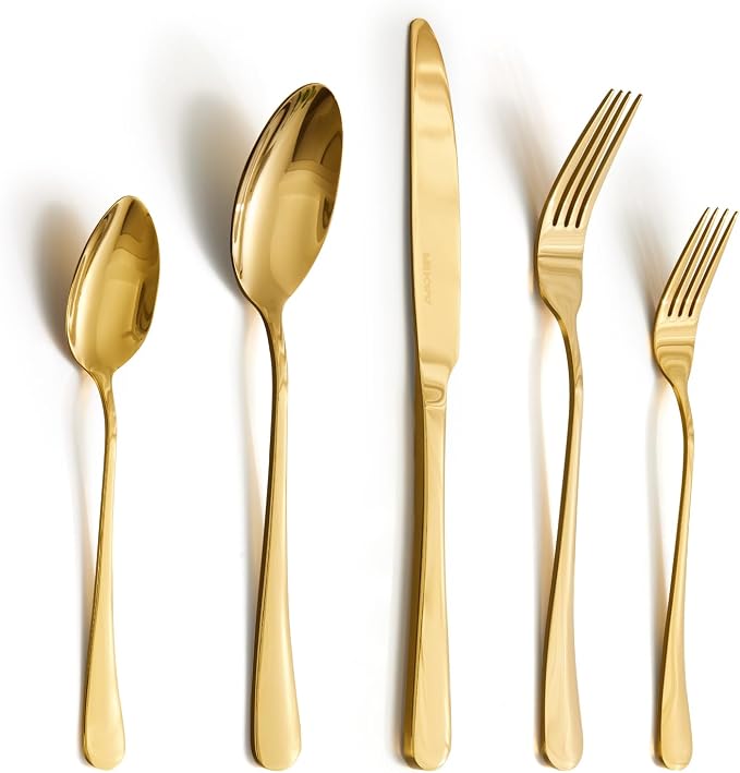 18/10 Stainless Steel Gold Silverware Set for 4 | 20 Piece Heavy Duty Flatware Utensils Set | Mirror Polished | Dishwasher Safe | Premium Cutlery for Home Kitchen Wedding