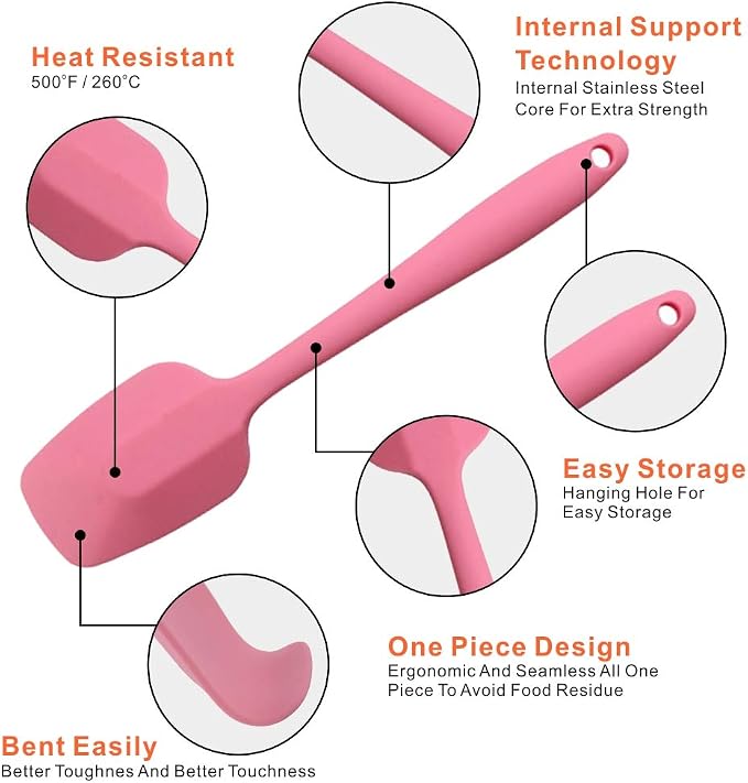 Silicone Spatulas Set, Rubber Spoon Spatula Heat Resistant Spoonula One Piece Design Seamless Spatula Non-Stick Scrapers Baking Mixing Tool (Pink)