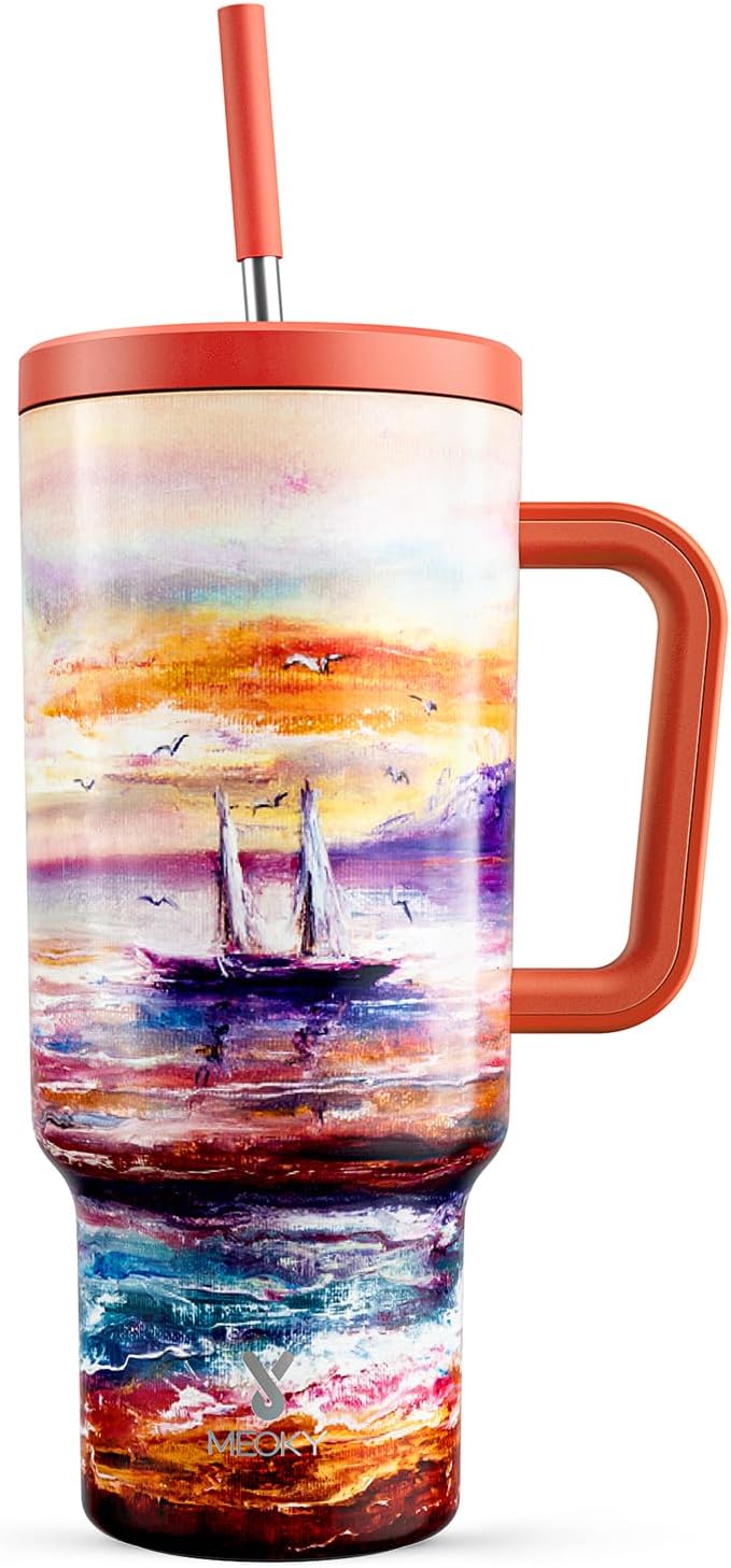 Meoky 40 oz Tumbler with Handle and Straw: Stainless Steel Insulated Tumbler with Lid and Straw - 100% Leak Proof Tumbler for Car Cup Holders - Travelers Commuters Workers, Sailboat