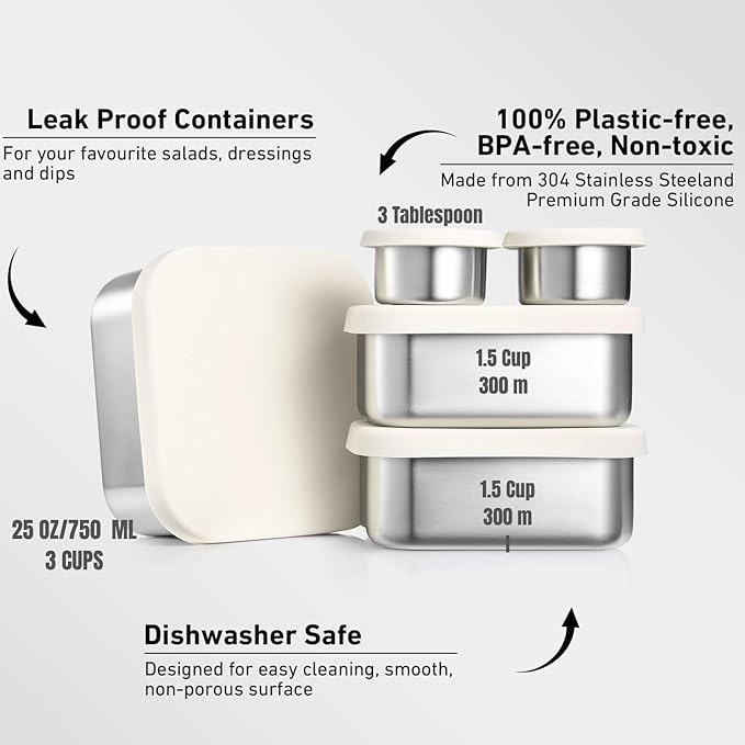 Flexibento - Leak proof Stainless Steel Lunch Box Containers, Sandwich and Snack Containers with Silicone Lids Metal Lunch Box, Bento Box , Set of Five , Vanilla , 1*25 OZ+ 2*13 OZ + 2 *2 OZ
