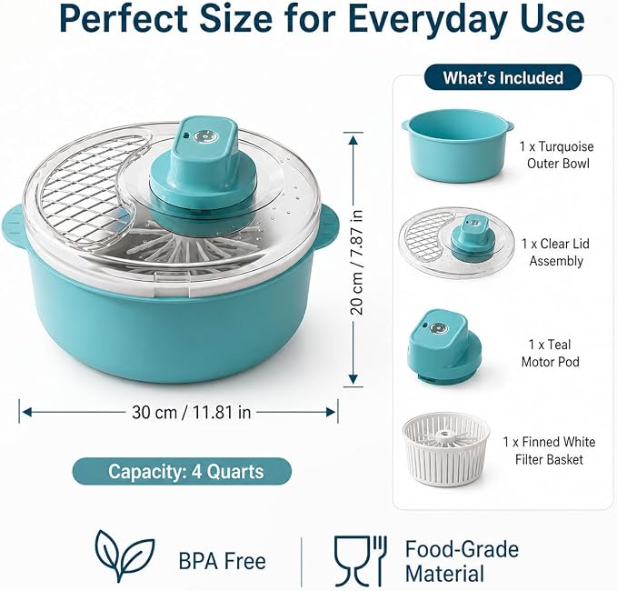 Electric Fruit and Vegetable Washer, Salad Spinner with Strainer Bowl (Blue) | One-Touch Electric Produce Washer | Wash, Strain & Spin-Dry Fruit, Vegetables and Salad in a Multi-Part Bowl System