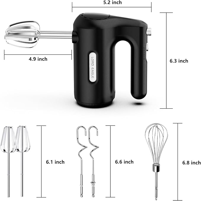 Lord Eagle 5-Speed Hand Mixer Electric With 4 Mixing Bowls Set | 300W Lightweight Kitchen Handheld Mixer with Measuring Cups & Spoons, Stainless Steel Bowls, Baking Supplies for Cake, Black