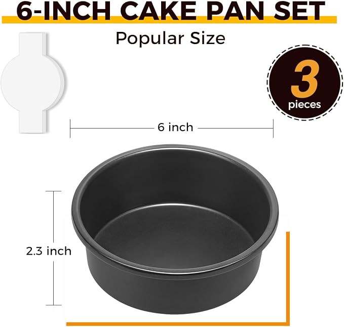 6 Inch Round Cake Pan Set for Baking with Healthy Parchment Paper, Nonstick Deeper Circle Cake Pans with Wider Grips, 3 Pieces Premium Layer Cake Tin, Cheesecake Mold, Huty Duty - Grey