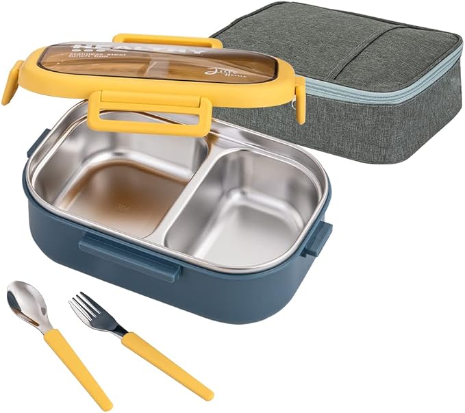Lille Home 28oz Stainless Steel Leakproof 2-Compartment Bento Lunch Box | Portion Control Metal Lunch Box Food Container with Lunch Bag and Cutlery Set, BPA Free (Blue)