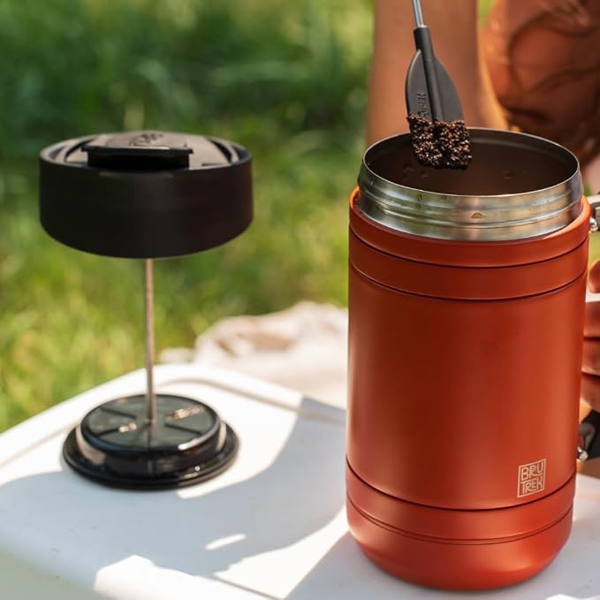 BruTrek by Planetary Design | BaseCamp French Press | 32 fl.oz - Red Rock | Double Wall Insulated Stainless Steel - Bru-Stop Technology, No Grounds in Coffee, No Spill Lid (Red Rock, 32 fl.oz)