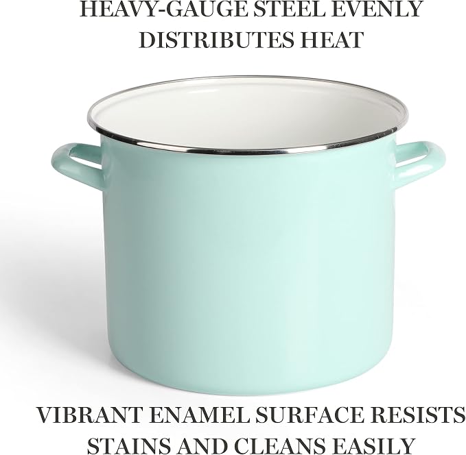 Martha Stewart Thayer 12-Quart Enamel on Steel Scratch-Resistant Stock Pot with Lid – Martha Blue – Durable Large Capacity Pot for Soups, Stews & Boiling