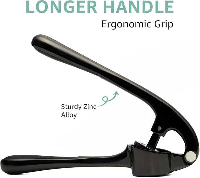 Garlic Press Crusher & Mincer – Easy Squeeze Ergonomic Handle, Heavy Duty Zinc Alloy, Dishwasher Safe, Includes Peeler & Cleaning Brush – Garlic Ginger Crusher Tool (Black)