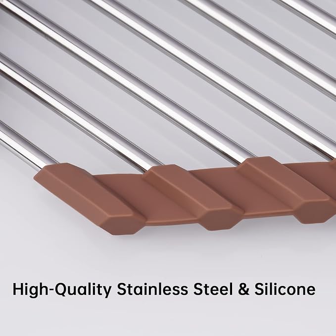Tomorotec Triangle Roll-Up Dish Drying Rack for Sink Corner Small Foldable Stainless Steel Over The Sink Multipurpose Kitchen Drainer Caddy Trivet Rustproof Storage Shelf (Chocolate Brown) | BPA-Free Food-Grade Silicone Edges Foldable Waterproof Rustpr...