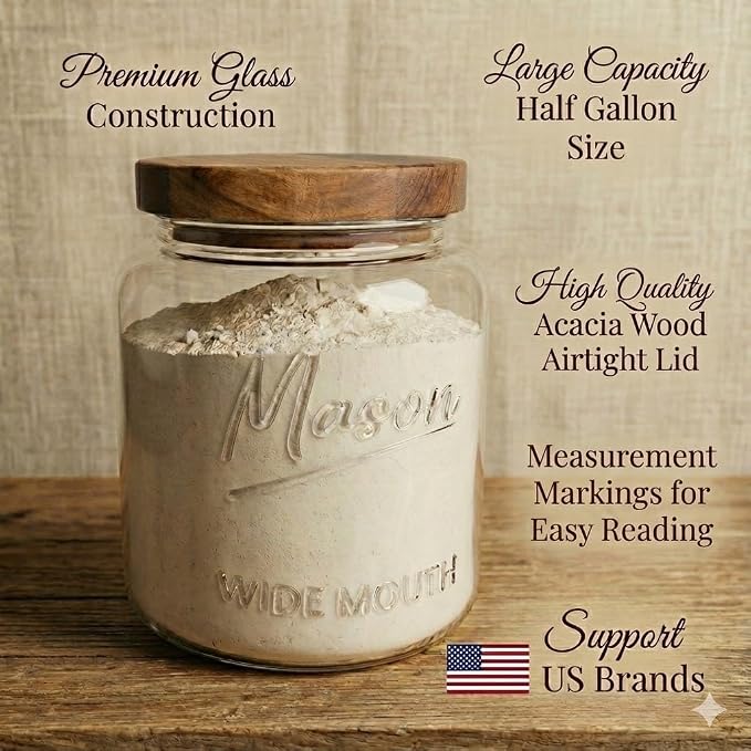 Half Gallon Glass Mason Jars with Airtight Push to Close Wooden Lids - Food Storage & Canning Jars with Measurement Markings - Pantry Containers for Flour, Sugar & Dry Goods - 64 oz (4pk)