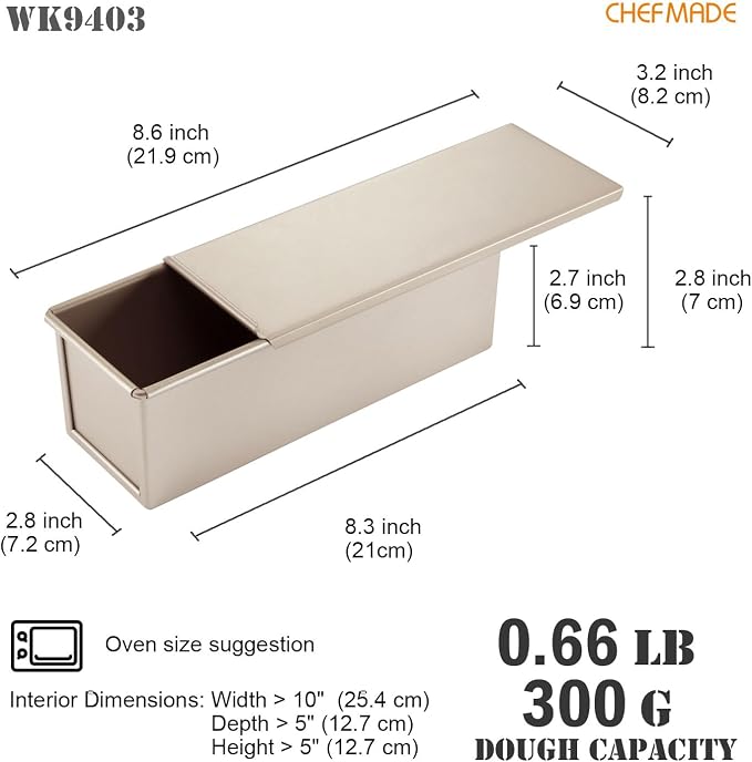 CHEFMADE Mini Pullman Loaf Pan with Lid, 0.66Lb Dough Capacity Non-Stick Rectangle Flat Toast Box for Oven Baking 2.8" x 8.3"x 2.7"(Champagne Gold)