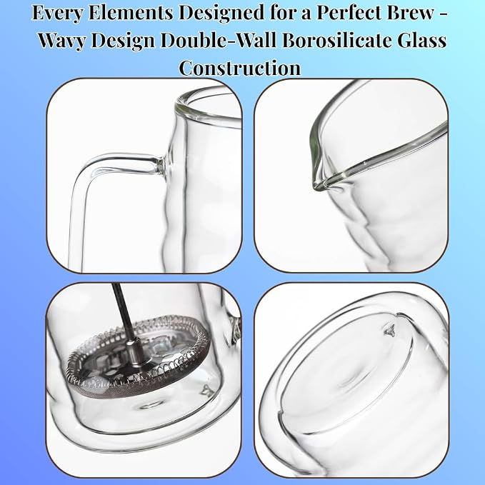 Glass French Press Coffee Maker, Heat Resistant Borosilicate Glass (22oz Wavy)