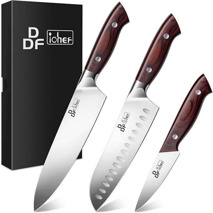 3 Piece Knife Set, High Carbon Stainless Steel and Pakkawood Handles | Japanese Kitchen Knife Set with Ergonomic Full-Tang Wooden Handle, Sharp Chef Knife Set in Gift Box
