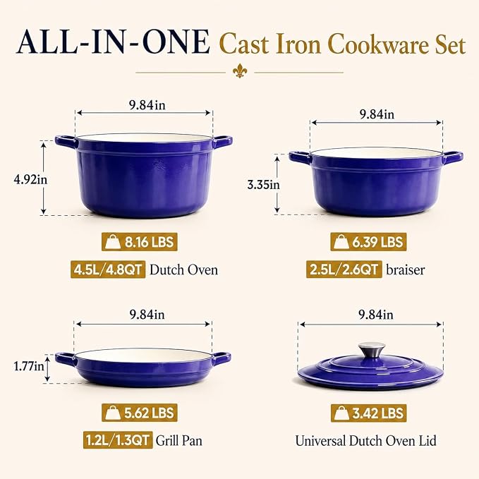 AHJ Cast Iron Dutch Oven Set - 4 Piece Nesting Enameled Cookware with Lid | 4.8Qt 2.6Qt 1.3Qt Enameled Cast Iron Cookware Set for Sourdough Bread Baking, Slow Cooking, Stews, Braising & Roasting, Blue