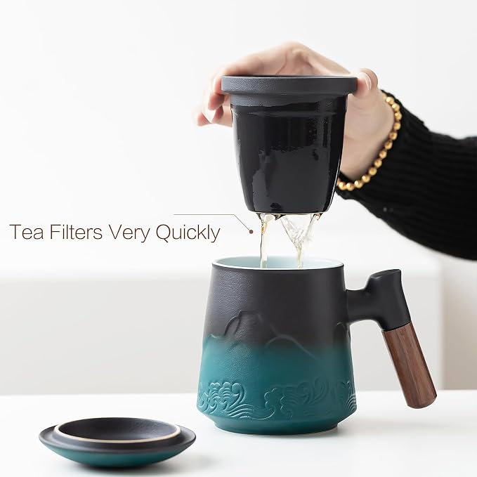ZENS Tea Mug with Infuser and Lid for Loose Leaf Tea Steeper, 15oz Green | Embossed Ceramic Tea Cup with Infuser for Herbal Tea Difussers, Tea Lovers Gifts, Nature Wood Handle