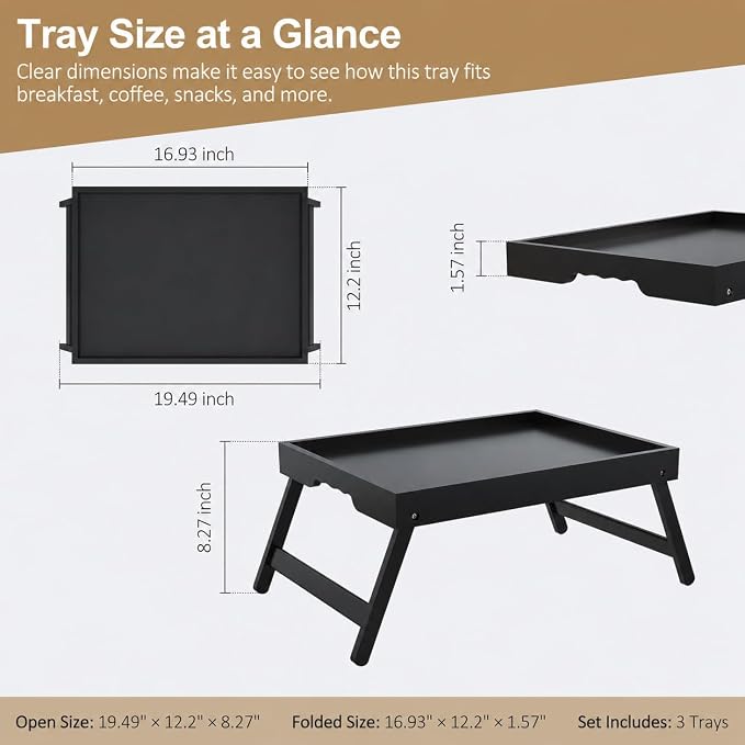 Large Bamboo Bed Tray Tables with Folding Legs, 3 Pack, Black | 3 large black bamboo bed trays with folding legs, raised edges and side grips for meals, laptops, snacks and serving.