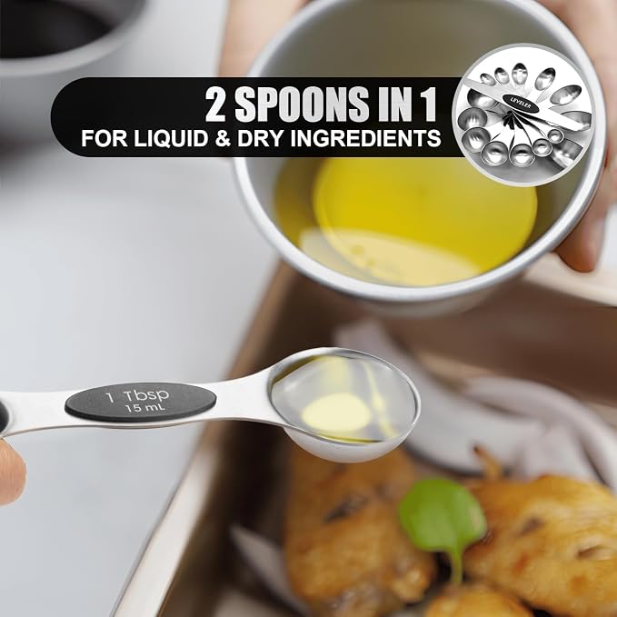 Magnetic Measuring Spoons Set of 9 Stainless Steel Stackable Dual Sided Nesting Teaspoons and Tablespoons for Measuring Dry and Liquid Ingredients