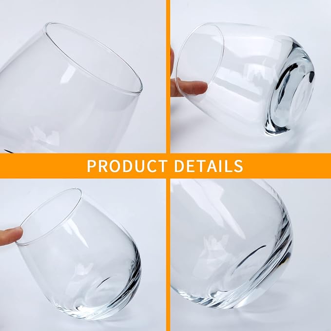 Stemless Wine Glasses Set of 12,16 OZ Stemless Wine Glass Cups | Clear Christmas Red Wine Glassware, White Wine Glass Tumblers, Elegant Crystal Bourbon Glasses, Water Cups, Wine, Whiskey
