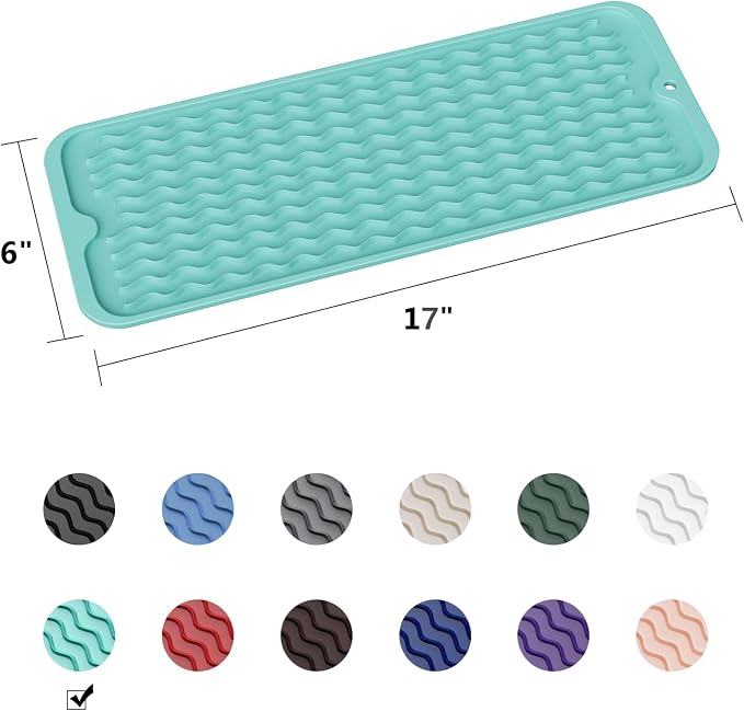 ZLR Small Dish Drying Mat for Kitchen Counter, 6"x17", Mint Green | Narrow Silicone Drainer for Apartment, Dorm & RV, Wavy Ridges Quick-Dry, Non-Slip, Rolls Up, Dishwasher Safe
