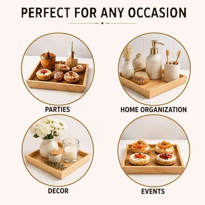 Wooden Serving Trays Set of 2, 16x16x1.25 Inches Natural Wood Serving Tray for Home Decor, Decorative Wooden Trays for Coffee Table, Ottoman, Kitchen Counter, Dining Table & Organization