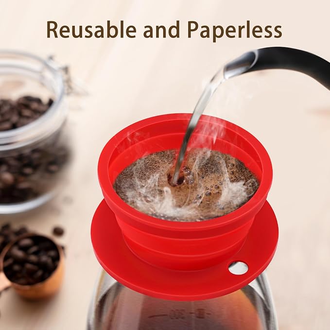 Paperless Collapsible Pour over Coffee Filter - Small Camping Coffee Maker with Reusable Metal Coffee Filter - Single Serve Travel Coffee Dripper, 300ml Capacity (Red)