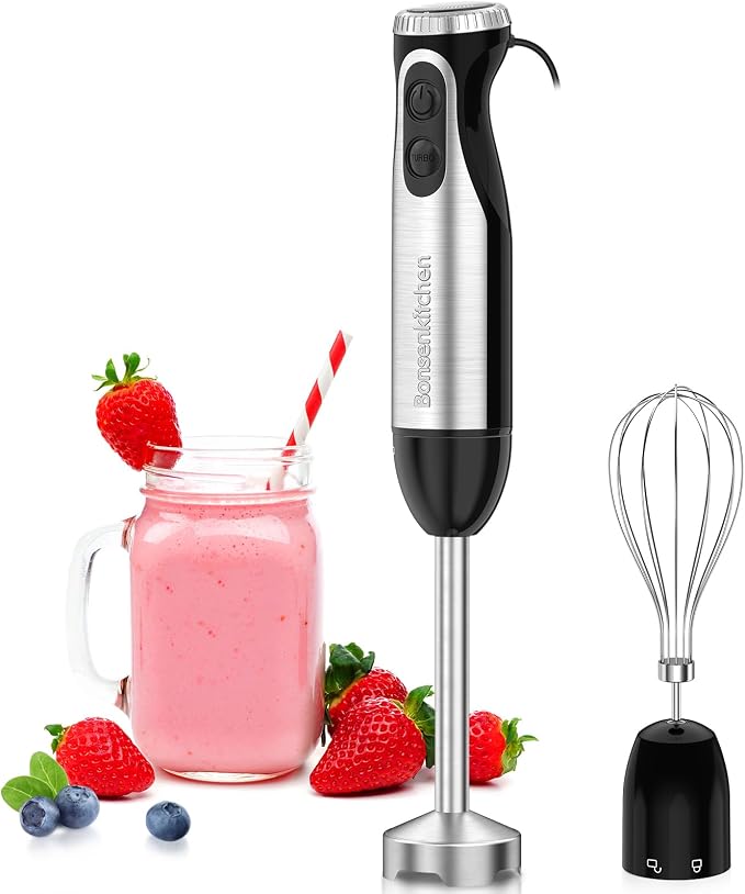 Bonsenkitchen 2-in-1 Immersion Handheld Blender with 20 Speeds & Turbo Mode | 500W Hand Blender, Egg Whisk, 304 Stainless Steel Blade, Portable Hand Mixer for Smoothie, Soup, Baby Food
