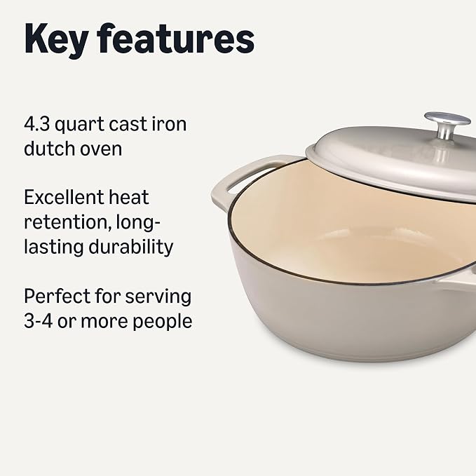 Amazon Basics Cast Iron Dutch Oven Pot with Lid, Enameled, Dual Handles, Round, Heavy-Duty, Small, 4.3-Quart, Linen Gray