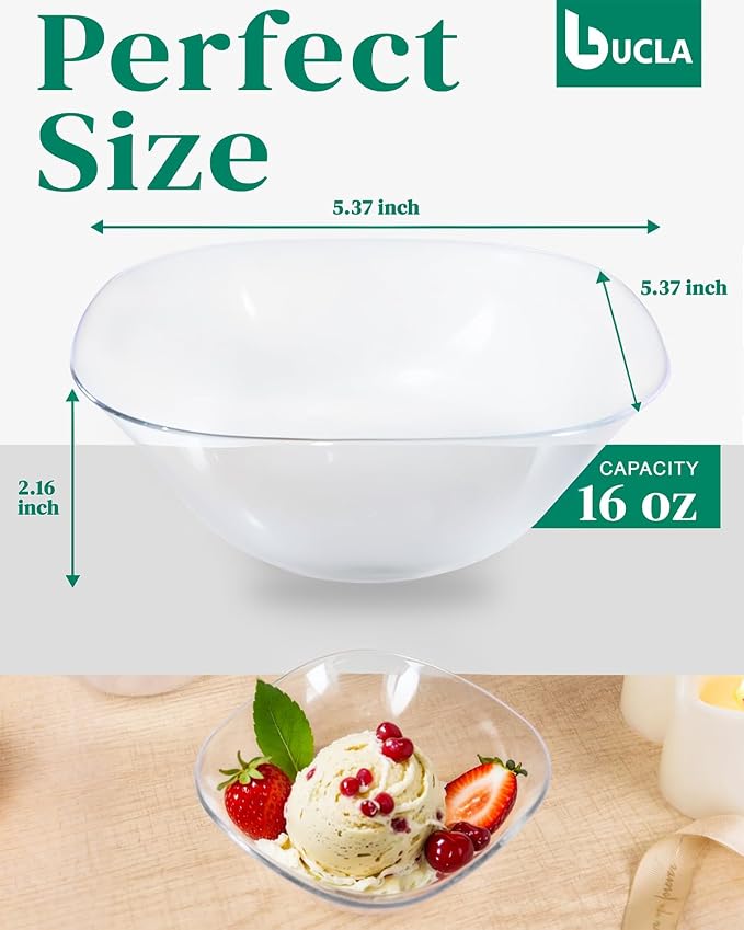 bUCLA 50Pack Clear Plastic Serving Bowls - 16oz Disposable Serving Bowls for Party Dessert/Ice Cream/Salsa/Snack
