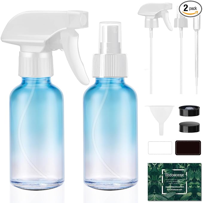 Small Glass Spray Bottle 4 OZ, 2 Pack Empty Blue Glass Spray Bottles | Empty Spray Bottles for cleaning, Plants, Pets, Hair, Durable Spray Nozzle, Fine Mist, Labels, Funnel, Pipettes, Reusable