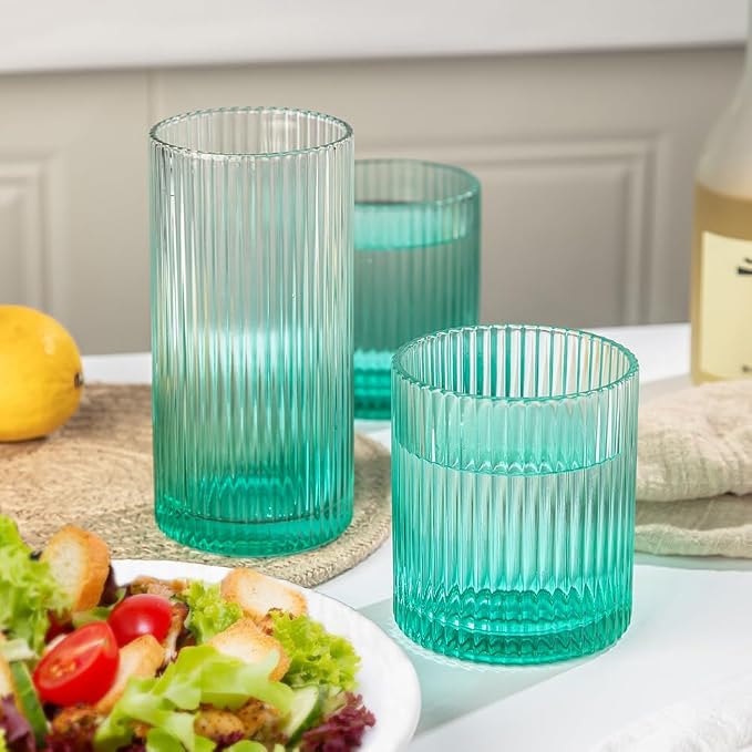 Ribbed Drinking Glasses 8pcs, 12oz and 10oz Glassware, Tumbler Glasses Cup Set for Wedding, Party, Christmas Gift, Green