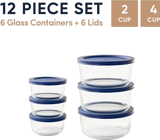 12-Piece Glass Food Storage Containers Set (6 Containers + 6 BPA-Free Lids) | 2-Cup & 4-Cup, Leakproof | Microwave, Freezer, Oven & Dishwasher Safe | Ideal for Meal Prep & Pantry Organization, Blue