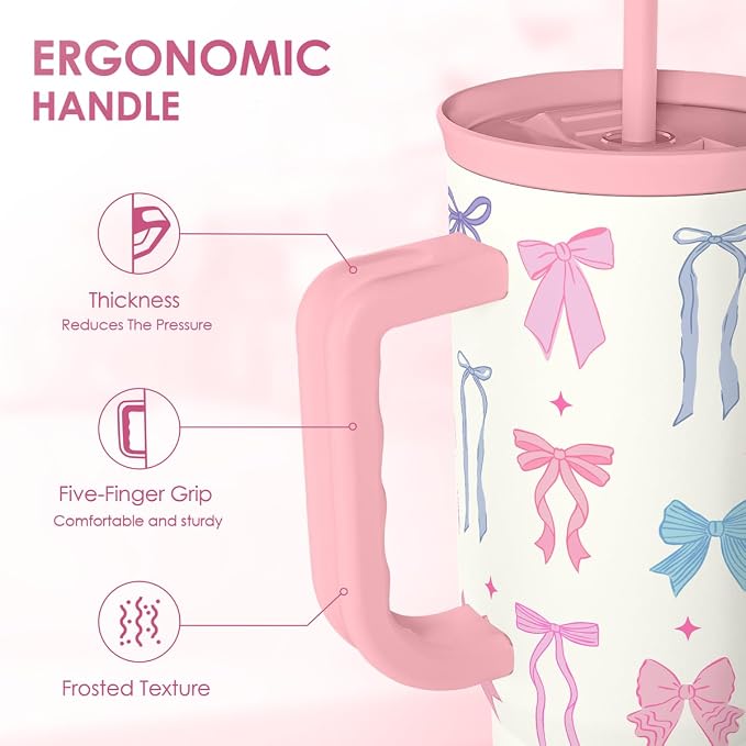 SANDJEST Bow 40oz Tumbler With Handle and Straw, Insulated Stainless Steel Travel Coffee Mug for Women Girls Bow Lovers, Gift Idea for Birthday Christmas Mothers Day