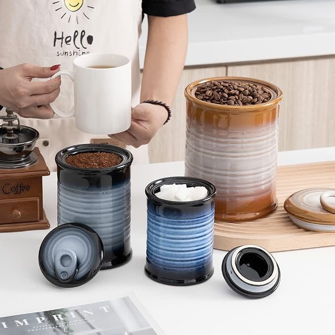 Nihow Food Storage Jar, Ceramic Canister Sets for The Kitchen,Set of 4,Blue | Air Tight Lid, Seal Damp-proof, For Flour/Sugar/Rice/Coffee/Cookies/Candy, Kitchen Counter Canister