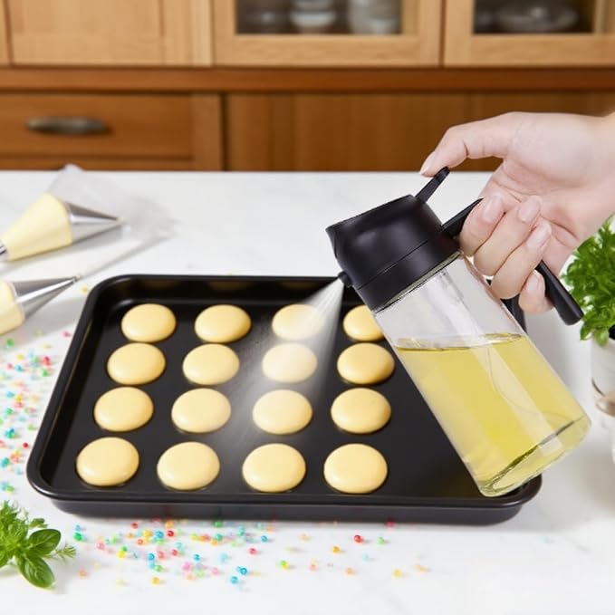 ZHIYE Oil Spray Bottle for Cooking, 16oz/470ML 2 in 1 Olive Oil Dispenser Sprayer for Kitchen Premium Clear Glass Oil Bottle for Cooking, Air Fryer, BBQ, Salad, Black
