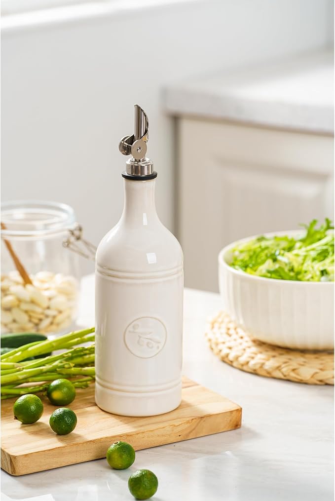 Olive Oil Dispenser Bottle with Spout, 18 oz Ceramic Oil Dispensers for Kitchen, Opaque Cruet, EVOO & Vinegar Bottle with Automatic Stainless Steel Pourer, Pack of 1