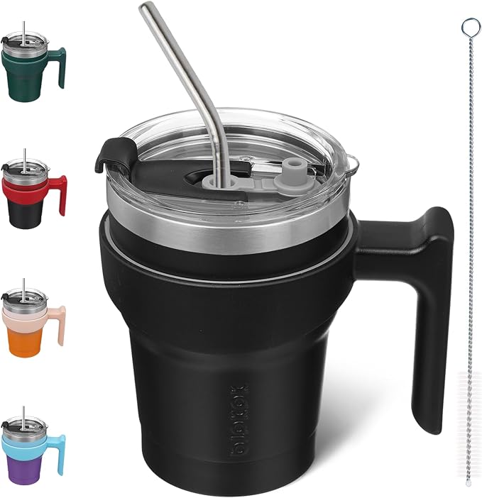 BJPKPK 10 oz Mini Tumbler with Lid, Straw & Handle, Insulated Steel Cup | Small, Spill Proof, Leak Proof, Thermal, Double Wall Vacuum, Sweatproof, Dishwasher Safe, BPA Free, Black