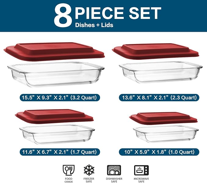 M MCIRCO 8 Piece Deep Glass Baking Dish with Lids, BPA free, Red | Rectangular Glass Bakeware Set, Baking Pans for Lasagna, Casserole Dishes, Microwave, Oven, Freezer, Dishwasher