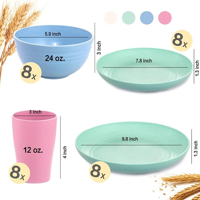 32-Piece Pink Blue Green Beige Wheat Straw Dinnerware Set | Premium reusable plastic plates bowls cups set for wedding party and rv camping, stackable design for easy storage.