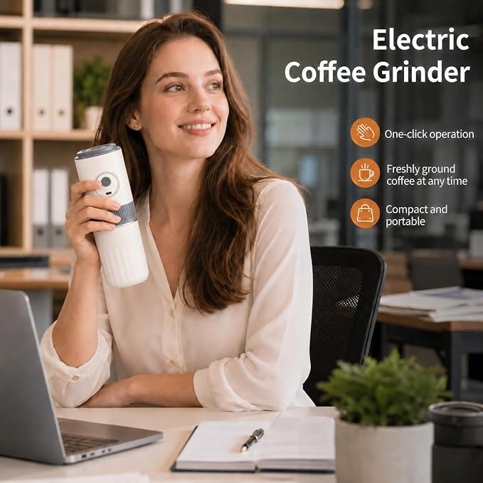 Portable Electric Coffee Grinder and Brewing Kit, White | Rechargeable, Conical Burr Mini Grinder, 32g Capacity, Includes Filter & Coffee Cup