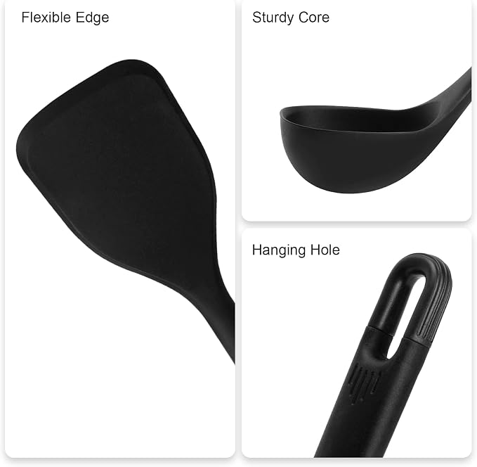Silicone Kitchen Cooking Utensils Set: MOACC Heat Resistant 13inch Long Kitchen Gadgets, BPA Free Non Stick Rubber Cook Accessories For Food Prep, Frying, Serving, Basting (Black)