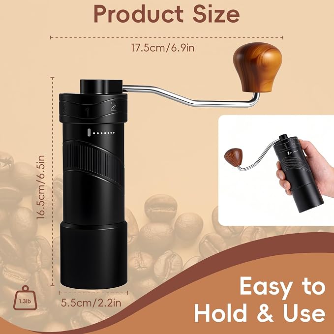 Manual Coffee Grinder Hand Crank Coffee Bean Grinder Mill for Espresso | CNC Stainless Steel Conical Burr, 8 Adjustable Coarseness Settings, for Home or Travel Moka Beans French Press Pour Over Drip