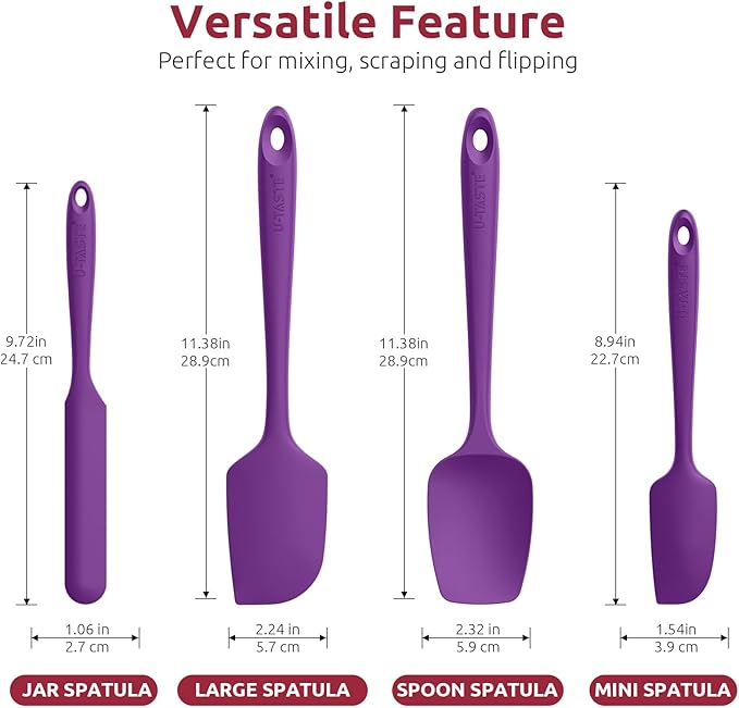 U-Taste Silicone Spatula Set 600°F High Heat Resistant, 4-Pcs, Purple | Food Grade Hot-Proof Seamless Rubber Scraper, Kitchen Flexible Silicon Cooking Utensil Set, Diswasher Safe Baking Supplies