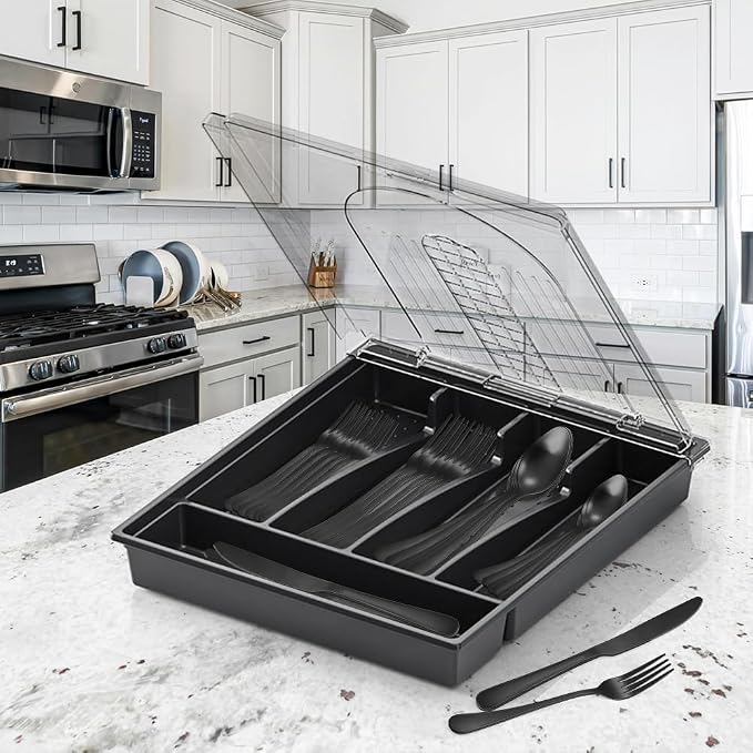 41-Piece Black Matte Silverware Set with Drawer Organizer, SANLUNS Stainless Steel Flatware Cutlery for 8 Utensil Set for Home Restaurant, Tableware Includes Knife Fork Spoon Set Dishwasher Safe